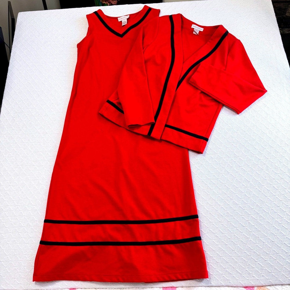 Vintage Drapers & Damons Red 2 Piece Dress Jacket Set Black Trim Size M Knit